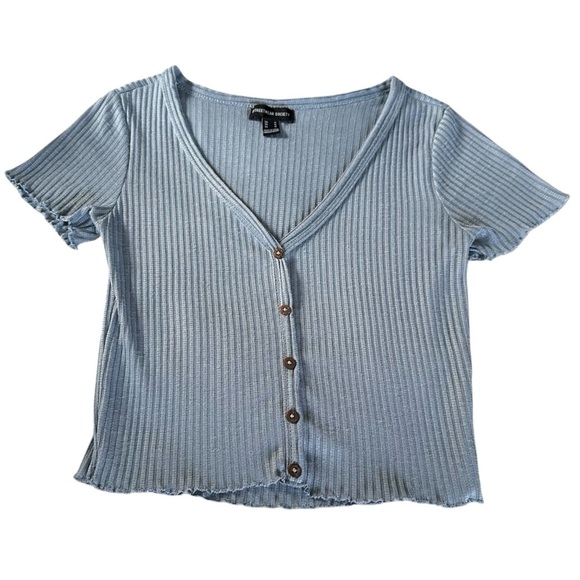 Streetwear Society Blue Ribbed Short Sleeve Cotton V Neck False Button Crop Top - Picture 4 of 10